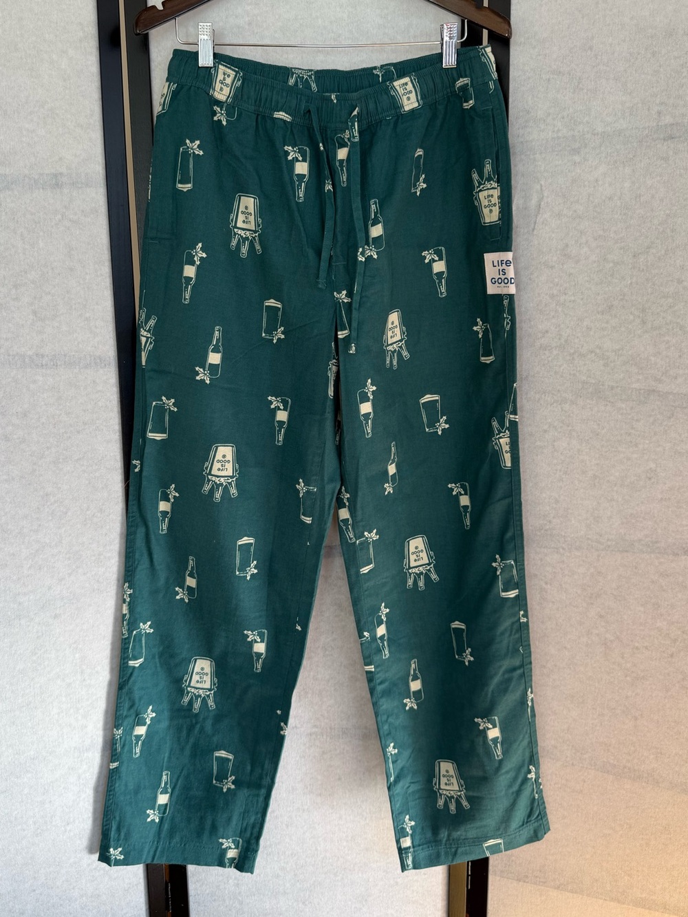 Life Is Good Men’s M Pajama Pants Teal Green Holiday Beer Buckets 100% Cotton